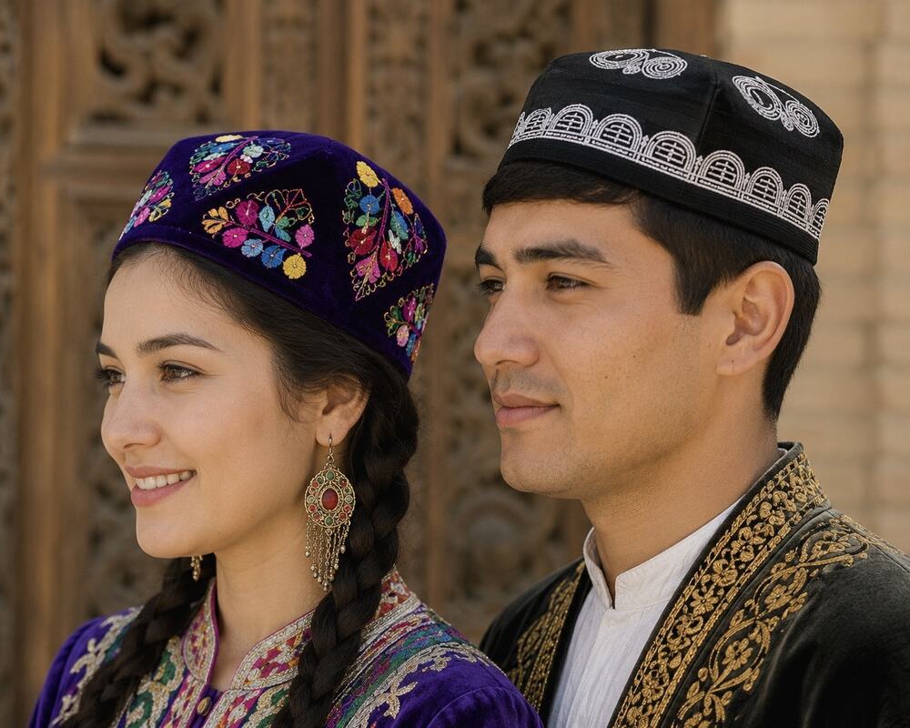 Vintage Uzbek Doppa Tubeteika Skullcap Set Chust & Velvet Embroidered Hats